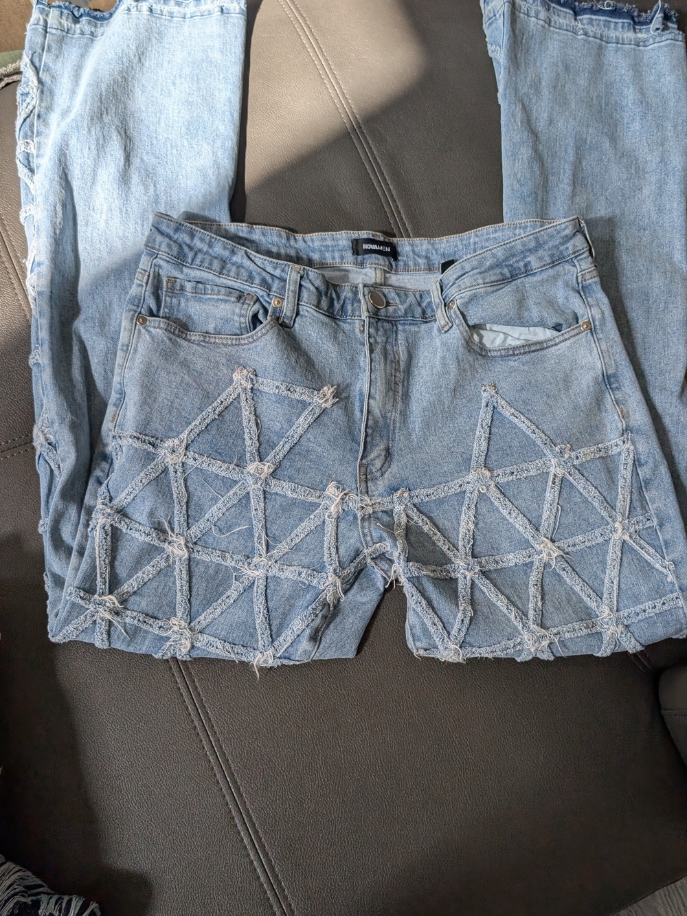 Fashion Nova Light Wash Blue Slim Men’s Jeans with Distressed Lattice Detail